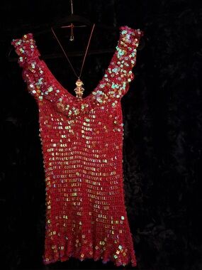 Oh Red Iridescent Sequin top